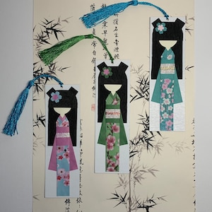 Handmade Origami Kimono Doll Bookmark (Kokeshi/ Maiko/ Geisha) with Tassel and Cherry Blossom Corner Bookmark/ Junk Journal Tag