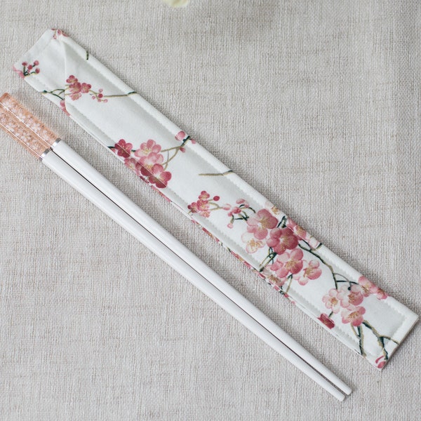 Asian Oriental Handmade Cherry Blossom Sakura Fabric Chopsticks Sleeve/Case & matching Chopsticks Reusable