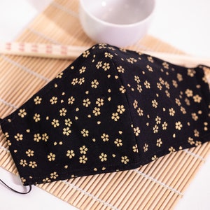 Asian Oriental Sakura Cherry Blossom Face Mask (Black w/Metallic Gold Accents) 100% Cotton with Filter Pocket Reusable