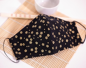 Asian Oriental Sakura Cherry Blossom Face Mask (Black w/Metallic Gold Accents) 100% Cotton with Filter Pocket Reusable