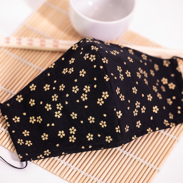 Asian Oriental Sakura Cherry Blossom Face Mask (Black w/Metallic Gold Accents) 100% Cotton with Filter Pocket Reusable