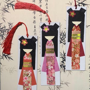 Kawaii Handmade Origami Kimono Doll Bookmark (Kokeshi/ Maiko/ Geisha) with Tassel and Cherry Blossom Corner Bookmark/ Junk Journal Tag