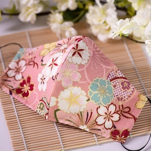 Asian Oriental Pink Cherry Blossom Temari Ball Face Mask (Metallic Gold Accents) 100% Cotton with Filter Pocket Reusable
