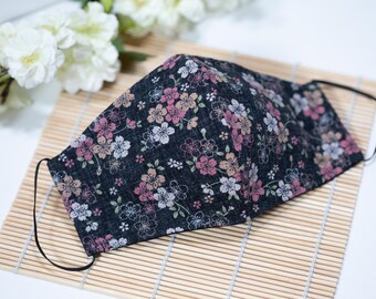 Maschera viso orientale asiatica Morikiku Cherry Blossom (charcoal Dobby Weave) 100% cotone con tasca filtro riutilizzabile