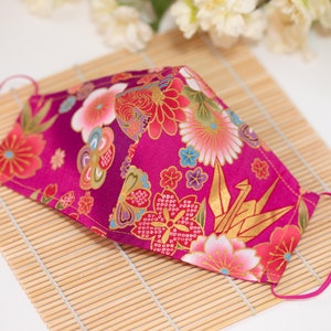 Asian Oriental Floral Cherry Blossom Peony Face Mask (Hot Pink or Fuchsia w/Metallic Gold Accents ) 100% Cotton with Filter Pocket Reusable