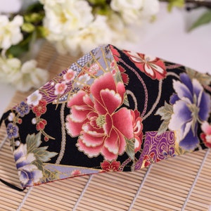 Asian Oriental Floral Fans Face Mask (Black Red Purple w/Gold Metallic Accents) 100% Cotton with Filter Pocket Reusable