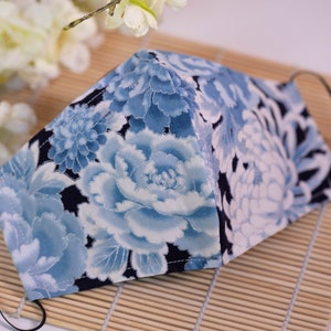 Asian Oriental Powder Blue Peonies & Chrysanthemums Face Mask (Black/Metallic Silver Accents) 100% Cotton with Filter Pocket Reusable