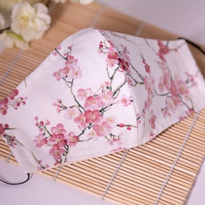 Asian Oriental Delicate Cherry Blossom Face Mask (Ivory/Gold Metallic Accents) 100% Cotton with Filter Pocket Reusable Bestseller