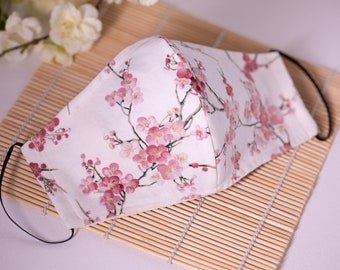 Asian Oriental Delicate Cherry Blossom Face Mask (Ivory/Gold Metallic Accents) 100% Cotton with Filter Pocket Reusable Bestseller