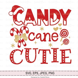 Puede incluir: Un diseño gráfico rojo y blanco con temática navideña con las palabras "Candy Cane Cutie". El diseño incluye un gorro de Papá Noel, bastones de caramelo, piruletas, corazones y estrellas. La imagen está etiquetada como "Descarga instantánea".