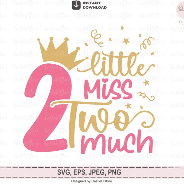 Little Miss Two Much Svg, Second Birthday Svg, 2nd Birthday Svg, Birthday Svg, Birthday Girl Svg, Geschenk, Geburtstagsshirt Svg File für Cricut