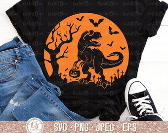 Halloween Dinosaur Svg, Halloween Svg, Kids Halloween Shirt, Png, Dino Svg, T-Rex with Pumpkin Svg, Spooky Saurus Rex Svg Files for Cricut