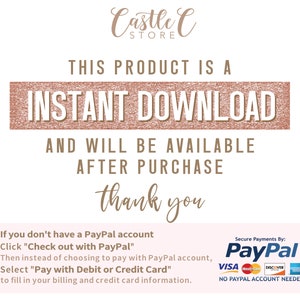 Puede incluir: Gr&aacute;fico de texto con un fondo de brillo rosa que dice "Este producto es una descarga instant&aacute;nea y estar&aacute; disponible despu&eacute;s de la compra. Gracias."  Debajo del texto hay un cuadro blanco con informaci&oacute;n sobre c&oacute;mo pagar con PayPal o una tarjeta de d&eacute;bito o cr&eacute;dito. El texto dice "Si no tienes una cuenta de PayPal, haz clic en "Pagar con PayPal." Luego, en lugar de elegir pagar con una cuenta de PayPal, selecciona "Pagar con d&eacute;bito o cr&eacute;dito" para completar tu informaci&oacute;n de facturaci&oacute;n y tarjeta de cr&eacute;dito."  La esquina inferior derecha de la imagen tiene un cuadro blanco con el texto "Pagos seguros por: PayPal" y logotipos de Visa, Mastercard, Discover y American Express. El texto debajo de los logotipos dice "&iexcl;No se necesita una cuenta de PayPal!"