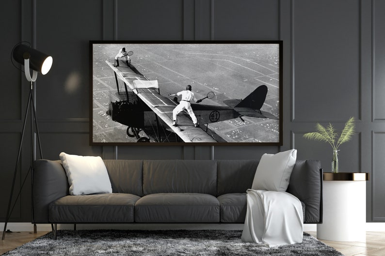 Men Playing Tennis on Airplane Print, Black and White Vintage Photo, Digital Download, Funny Home Decor, Tennis Wall Art, Museum Quality image 3