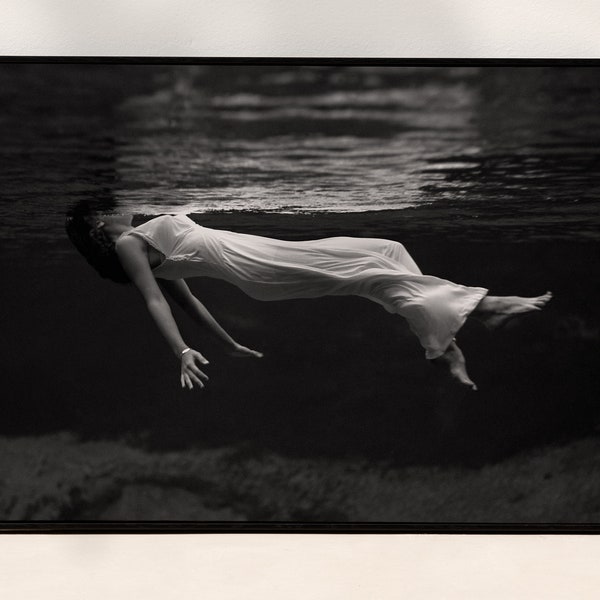 Woman Floating in Water Print, Weeki Wachee Florida, Underwater Photo Print, Surreal Beauty, Black and White Vintage Photo, Digital Download