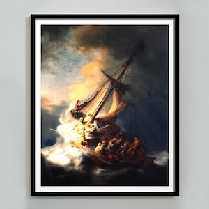 Rembrandt Print Christ In The Storm On The Sea Of Galilee Painting Jesus Christ Poster, Fine Art Print, Famous Painting Living Room Wall Art