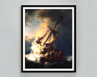 Rembrandt Print Christ In The Storm On The Sea Of Galilee Painting Jesus Christ Poster, Fine Art Print, Famous Painting Living Room Wall Art