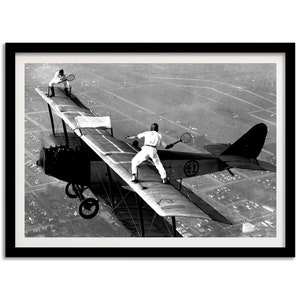 Men Playing Tennis on Airplane Print, Black and White Vintage Photo, Digital Download, Funny Home Decor, Tennis Wall Art, Museum Quality image 2