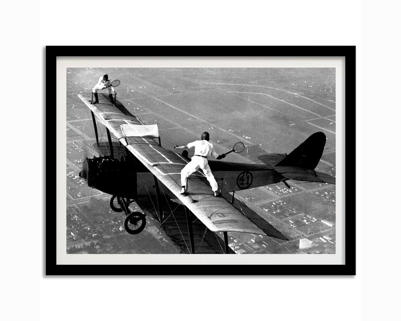 Men Playing Tennis on Airplane Print, Black and White Vintage Photo, Digital Download, Funny Home Decor, Tennis Wall Art, Museum Quality image 2