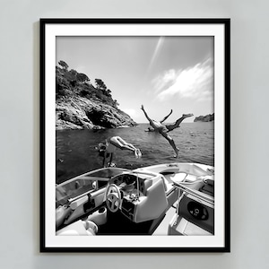 Women Jumping into Water, Black and White Ocean Jump Sail Boat, Yacht Wall Art, Beach Print, Summer Poster, Boat Wall Art, Digital Download