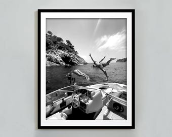 Women Jumping into Water, Black and White Ocean Jump Sail Boat, Yacht Wall Art, Beach Print, Summer Poster, Boat Wall Art, Digital Download