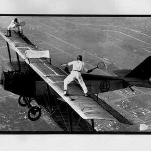 Men Playing Tennis on Airplane Print, Black and White Vintage Photo, Digital Download, Funny Home Decor, Tennis Wall Art, Museum Quality image 1