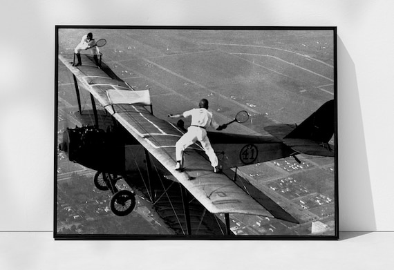 Men Playing Tennis on Airplane Print, Black and White Vintage Photo, Digital Download, Funny Home Decor, Tennis Wall Art, Museum Quality