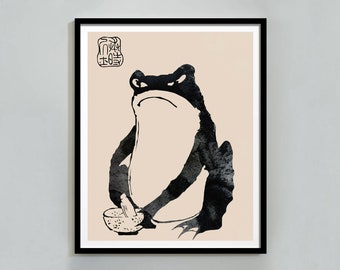 Artistic Japanese Frog Painting, Minimal Zen Illustration Print, Elegant Black & White Ink Style Wall Decor Calm Interiors, Digital Download