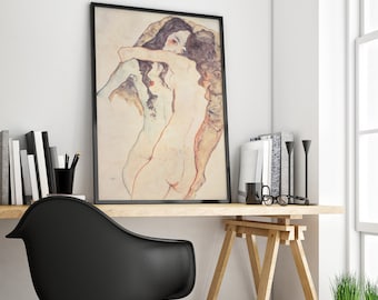 Egon Schiele Exhibition Poster, Egon Schiele Print, Vintage Wall Art, Bedroom Wall Decor, Antique Couple Painting, Digital Art Prints