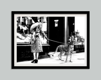 Leopard on a Leash Print, Old Money Poster, Black and White, Vintage Photography, Luxury Fashion Wall Art, Y2k Room Decor, Digital Download