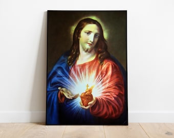 Sacred Heart Of Jesus Print, Jesus Christ Poster, Jesus Painting, Jesus Christ Portrait, Jesus Picture, Christian Art Gift, Jesus Wall Art