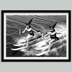 Witches Water Skiing Print, Black and White, Vintage Ski Poster, Beach Photography, Halloween Wall Art, Ski Lodge Decor, Digital Download