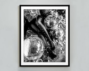 Cocktail and Disco Ball Poster, Bar Cart Print, Black and White, Fashion Photography, Champagne Poster, Hypebeast Wall Art, Digital Download