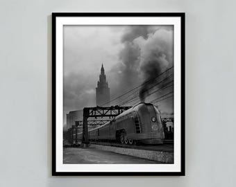Cleveland Ohio Mercury Train Poster, New York Central Railroad Print, Vintage Train Wall Art, Black and White Photo, Digital Download