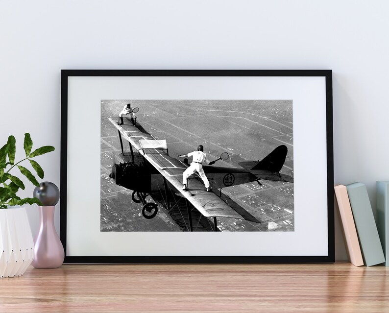 Men Playing Tennis on Airplane Print, Black and White Vintage Photo, Digital Download, Funny Home Decor, Tennis Wall Art, Museum Quality image 4