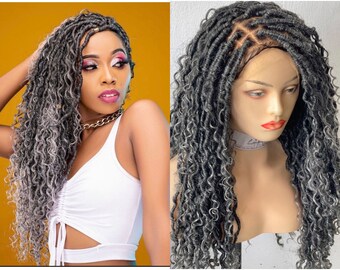 Salt and Pepper Bohemian Faux locs Braided wig for black women, goddess loc. distressed faux locs