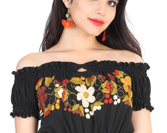 Floral Embroidered Mexican Crop Top - Off-Shoulder Cotton Blouse