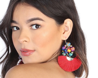 Mexican Artisanal Earrings - Hand Made Artisanal Earrings, Palm Leaves, Silk Thread Tassel Earrings - Mexican Jewelry - Aretes Artesanales