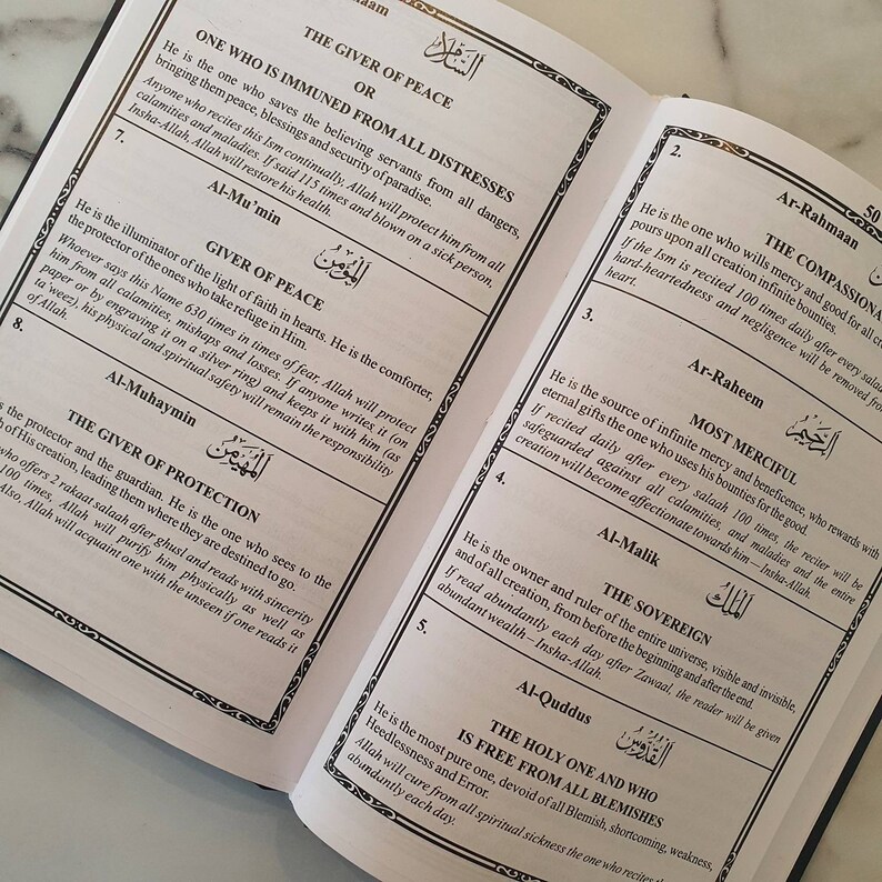 May include: A page from a book with a white background and black text. The text is in Arabic and English. The page is titled "The Giver of Peace" and "The Compassionate".