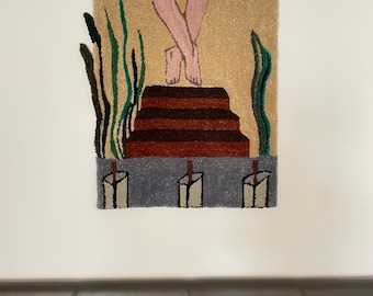 Wollen vloerkleed, wandtapijt woondecoratie, textielkunst, uniek textielontwerp, interieur, modern tapijt, figuratief ontwerp natuur en menselijk lichaam