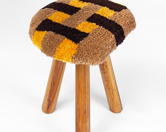 Wood stool, Three legged wool stool, Tufted stool, Round soft stool