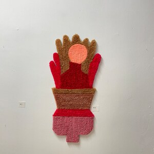 Wall hanging rug , unique piece made of wool with tufting technique, Red design, tufted wall rug