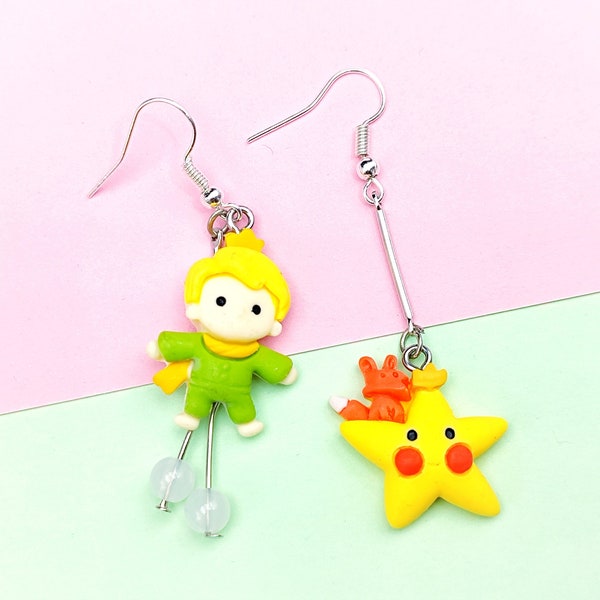 Boucles d'oreilles asymétriques le petit prince planet étoile animaux renard bijou enfant en 3d fait main cadeau noël pour fille