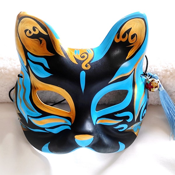masque déguisement cosplay bleu noir et doré renard japonais kitsune avec frange noir fait main masque mascarade adulte homme