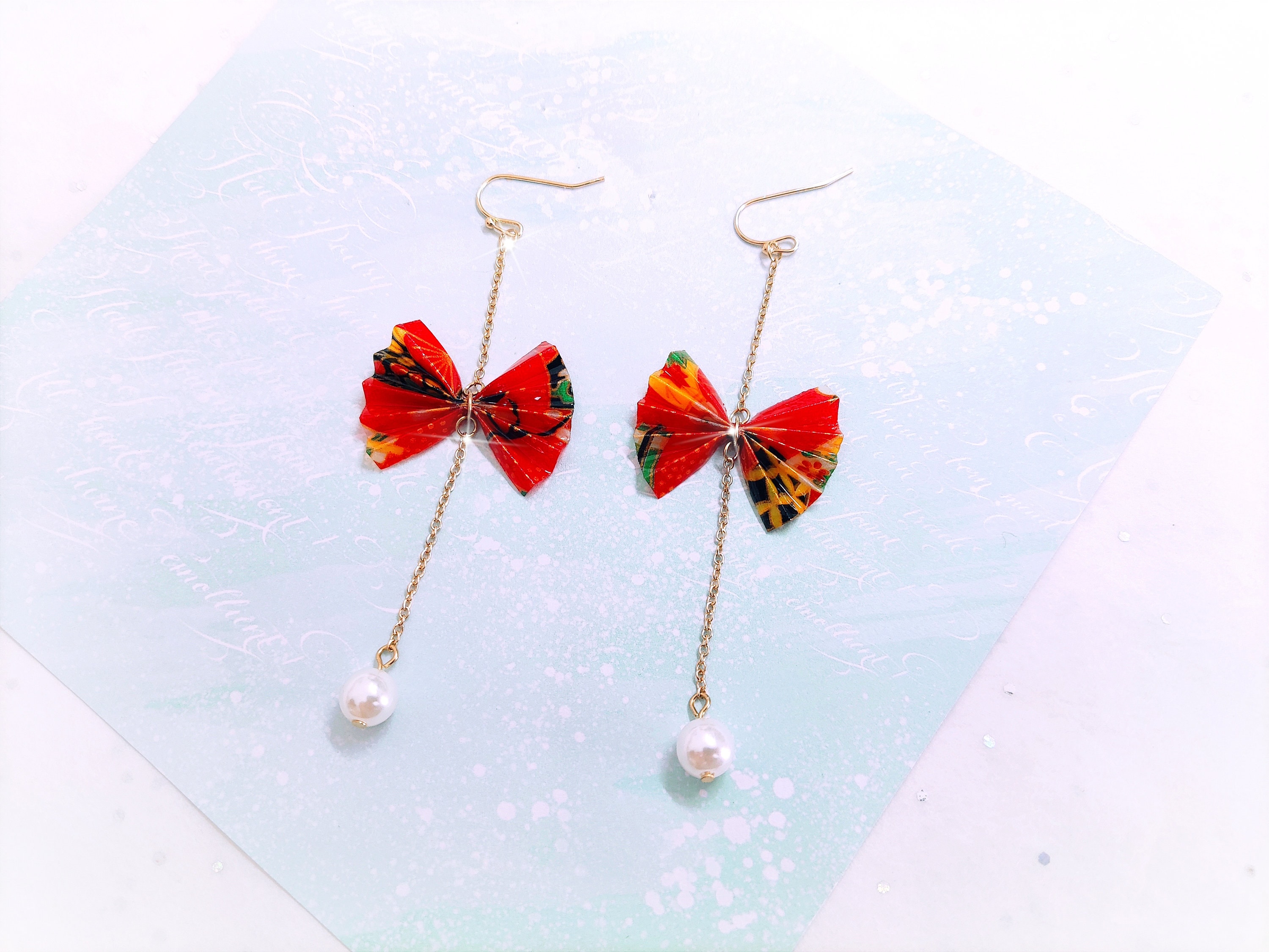 Boucles d'oreilles origami papier japonais rose feuilles