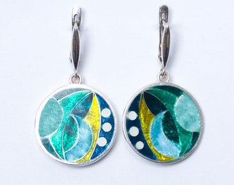 Sterling silver cloisonne enamel circle earrings Georgian enamel Geometric earrings