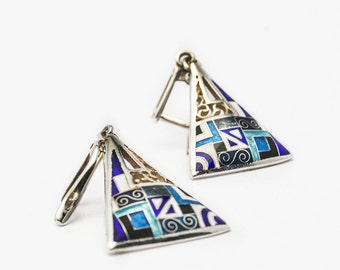 Silver blue enamel triangle earrings Sterling silver geometric earrings Blue dainty earrings