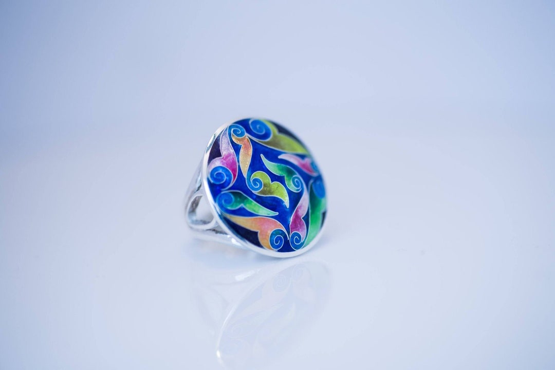 Unique Silver Big Round Ring Enamel Ring Sterling Silver Etsy
