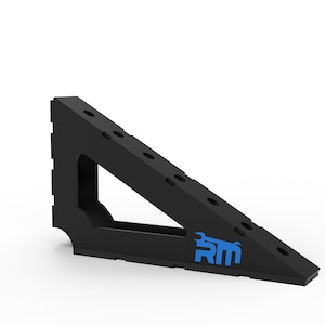 May include: Black, angled tool with a series of holes along the top and a cut-out triangle. The tool has a blue logo on the side. This tool is likely used for measuring or marking angles.