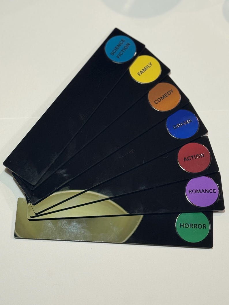 May include: A set of seven black rectangular fan-shaped markers, each featuring a circular colored label with black text. The labels are labeled Science Fiction, Family, Comedy, Drama, Action, Romance, and Horror in their respective colors.